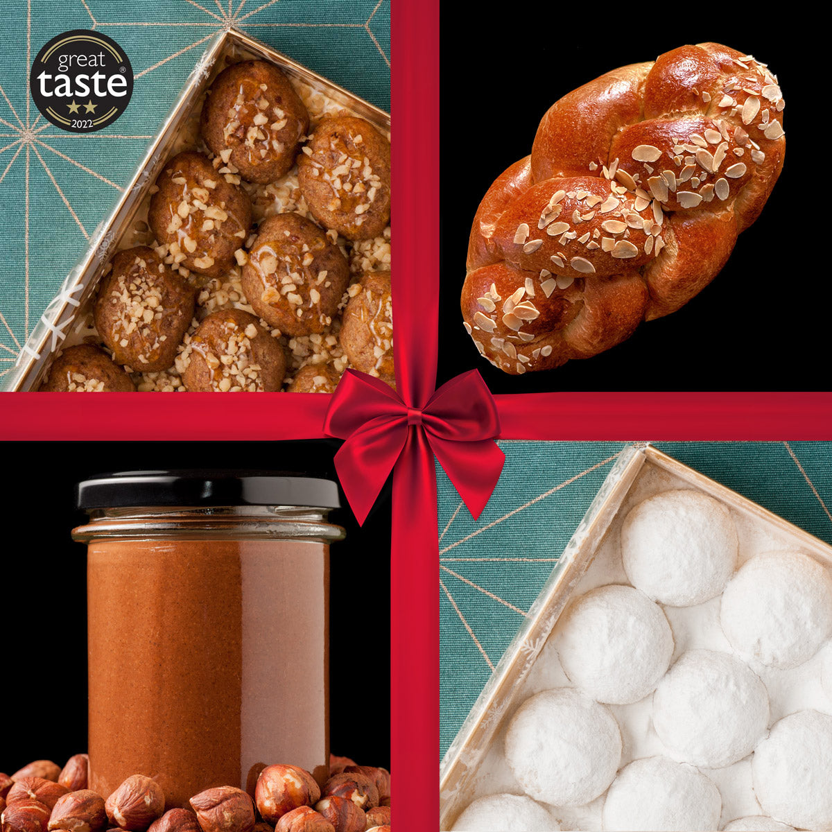 The Melianthos Christmas Sweet Delicacies Bundle comprised melomakarona, kourabiedes, tsoureki and chocolate praline spread