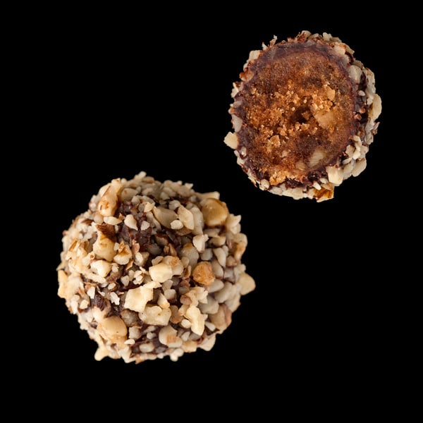Inside of Melomakarona Truffles with Dark Chocolate (Honey-syrup Biscuits)