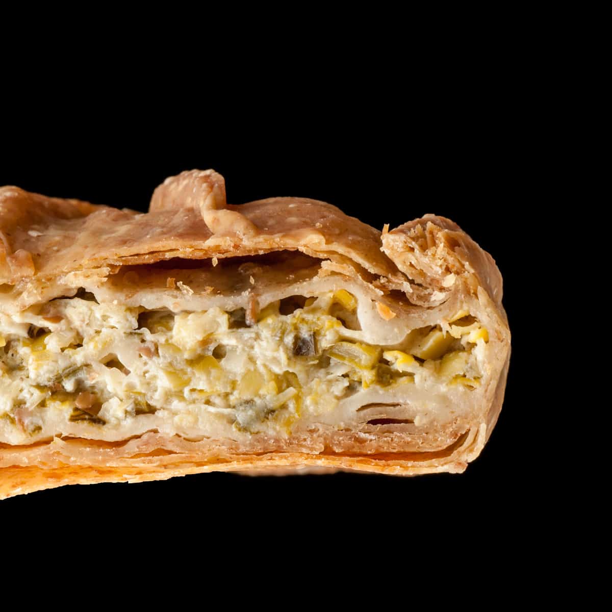Close up of Leek & Feta Cheese Filo Pie (Prassopita)